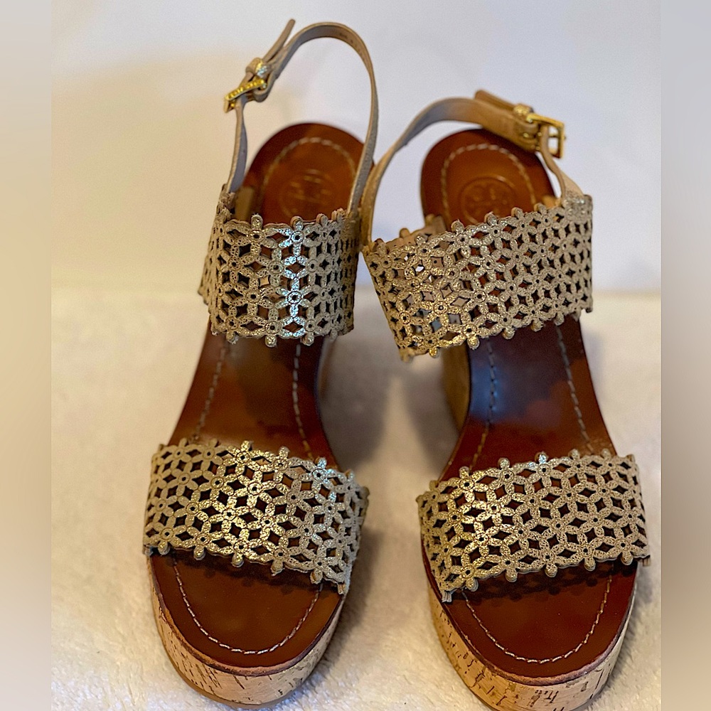 Tory Burch Shoes Tory Burch Metallic Perforated Daisy Wedge size 7. Like new.